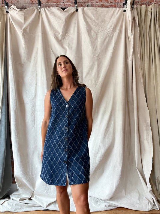 Patterned denim sleeveless mini dress with buttons